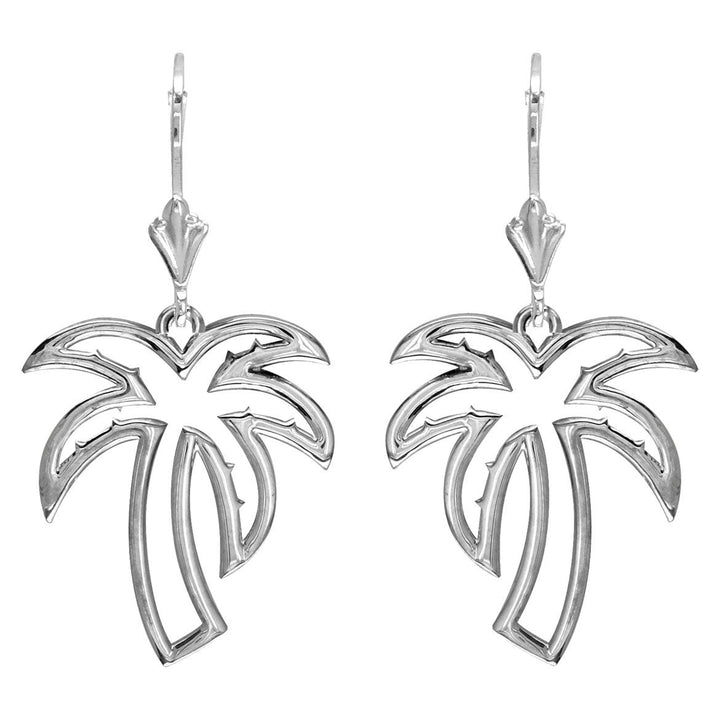 Open Palm Tree Leverback Earrings in 14K White Gold
