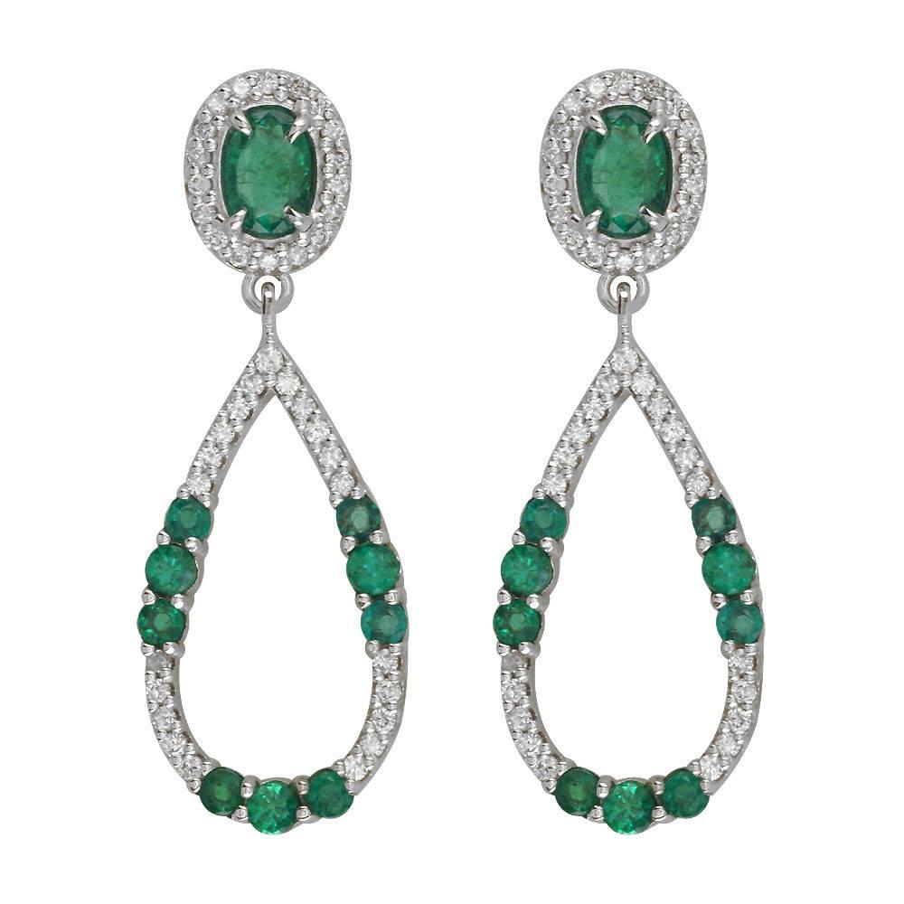 Open Diamond and Emerald Earrings in 14k White Gold