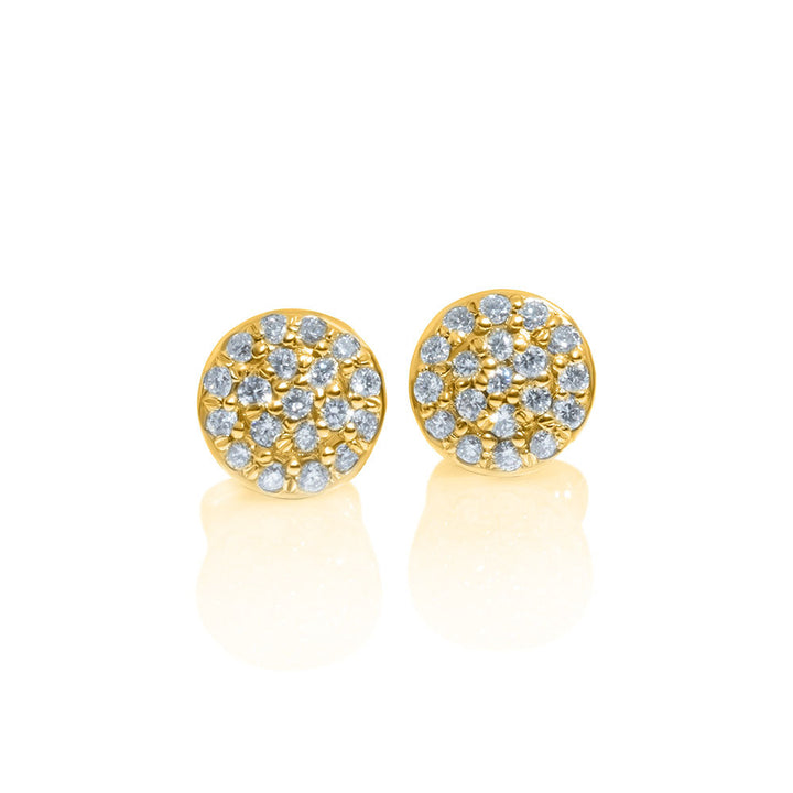 Disc Style Stud Earrings - 14K Yellow Gold & Diamond Earrings