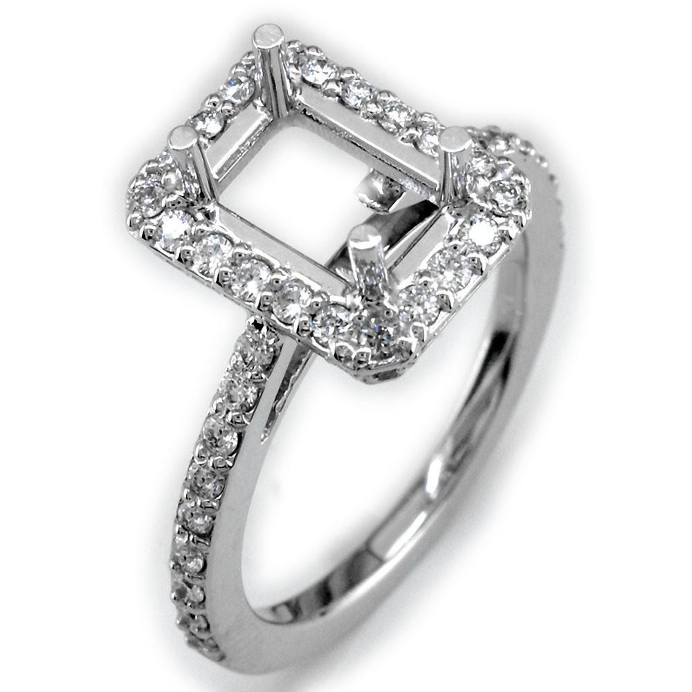 Emerald Cut Diamond Halo Engagement Ring Setting, 0.83CT in 18k White Gold