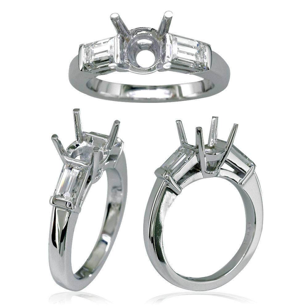 Diamond Engagement Ring Setting with Baguette Sidestones in 18K White Gold, 0.93CT