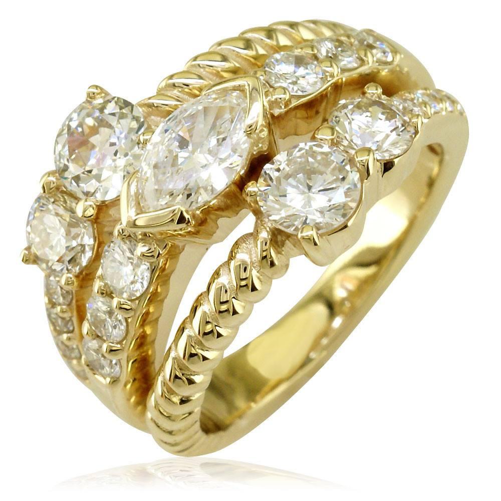 Wide 3 Row Marquise and Round Diamonds Ring in 14K Yellow Gold