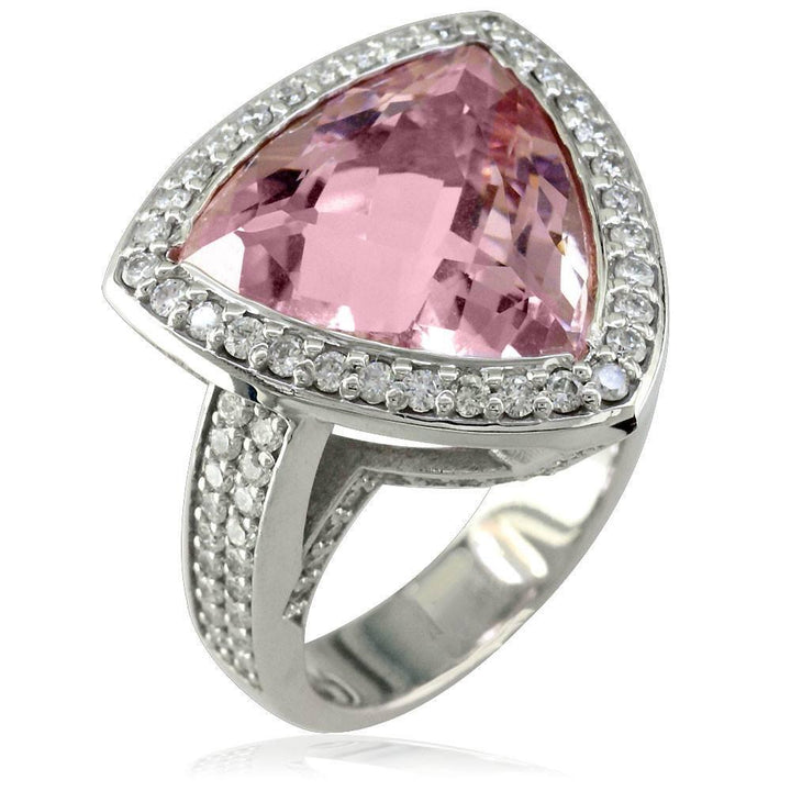 Large Trillion Shape Smoky Rose Quartz and Diamond Ring in 14K White Gold