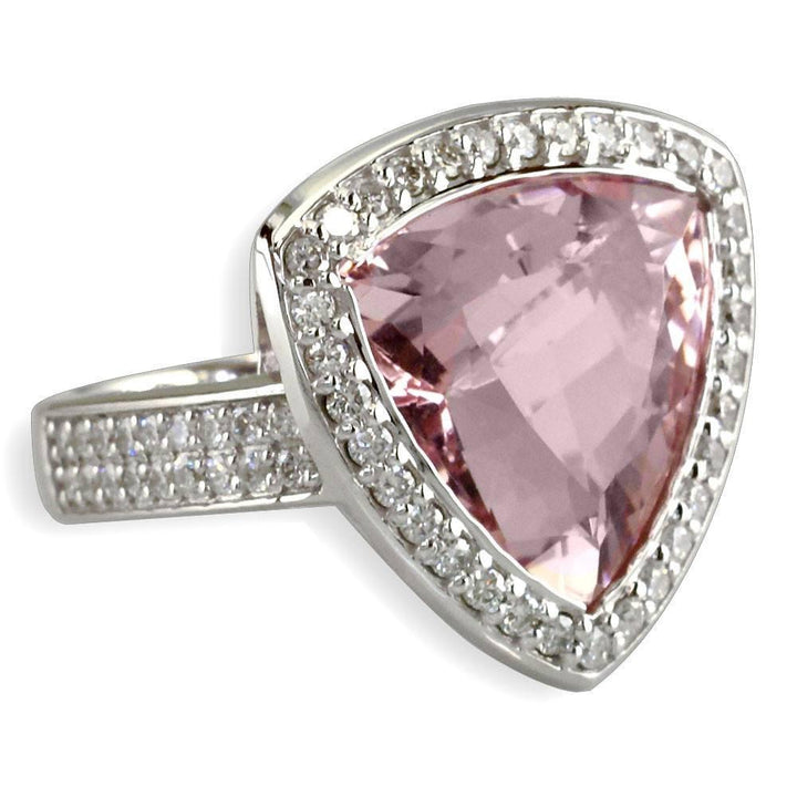 Large Trillion Shape Smoky Rose Quartz and Diamond Ring in 14K White Gold