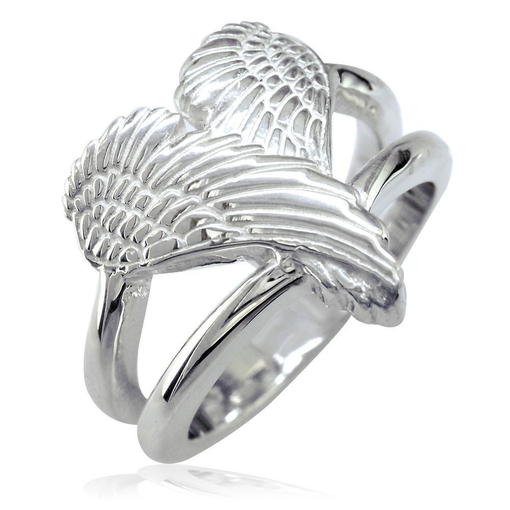 Medium Angel Heart Wings Ring, Wings Of Love, 17mm in 14K White Gold