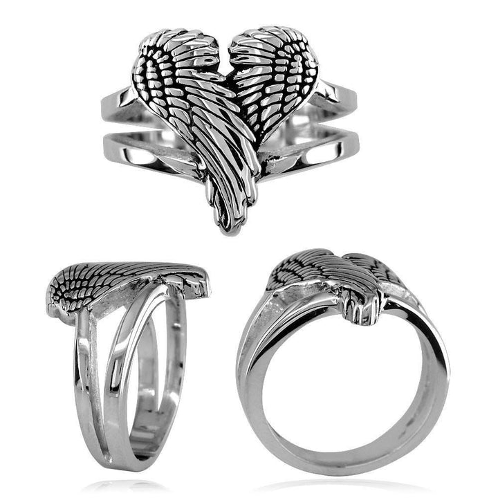 Medium Angel Heart Wings Ring with Black, Wings Of Love, 17mm in Sterling Silver