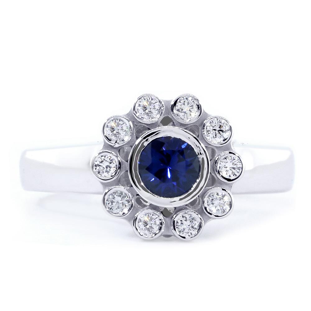 Round Sapphire and Diamond Halo Ring, 0.15CT Diamonds in 14k White Gold