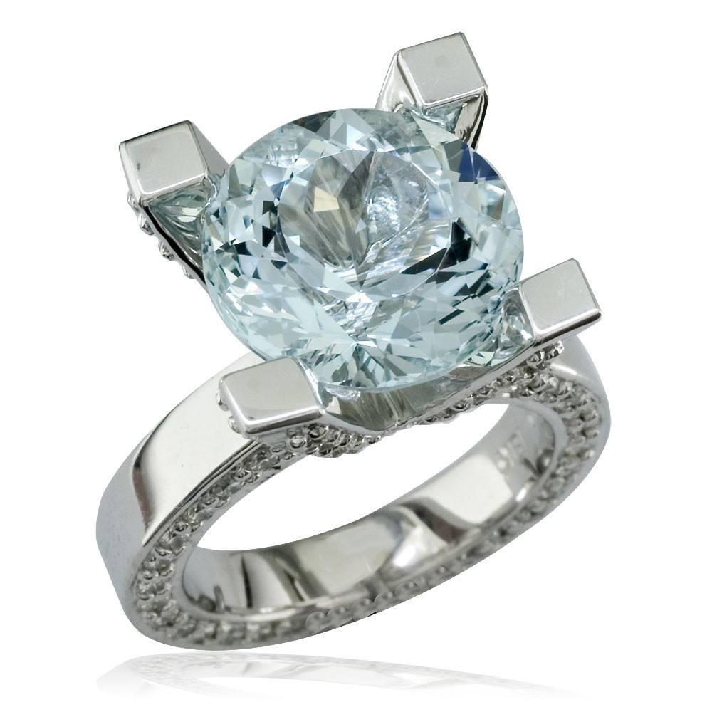 Large Round Aquamarine and Diamond Right Hand Ring, 1.75CT Diamonds in 18k White Gold