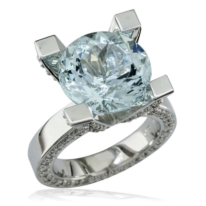 Large Round Aquamarine and Diamond Right Hand Ring, 1.75CT Diamonds in 18k White Gold