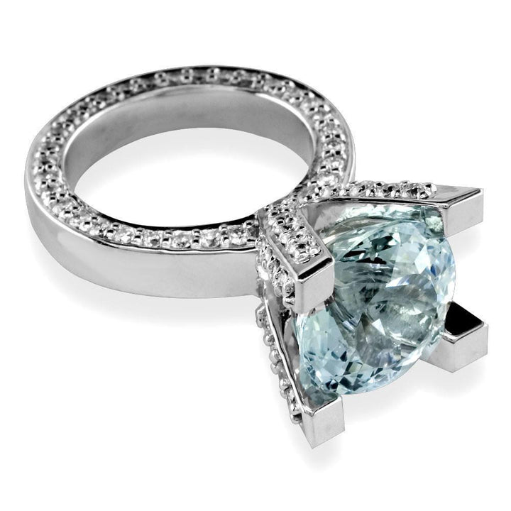 Large Round Aquamarine and Diamond Right Hand Ring, 1.75CT Diamonds in 18k White Gold