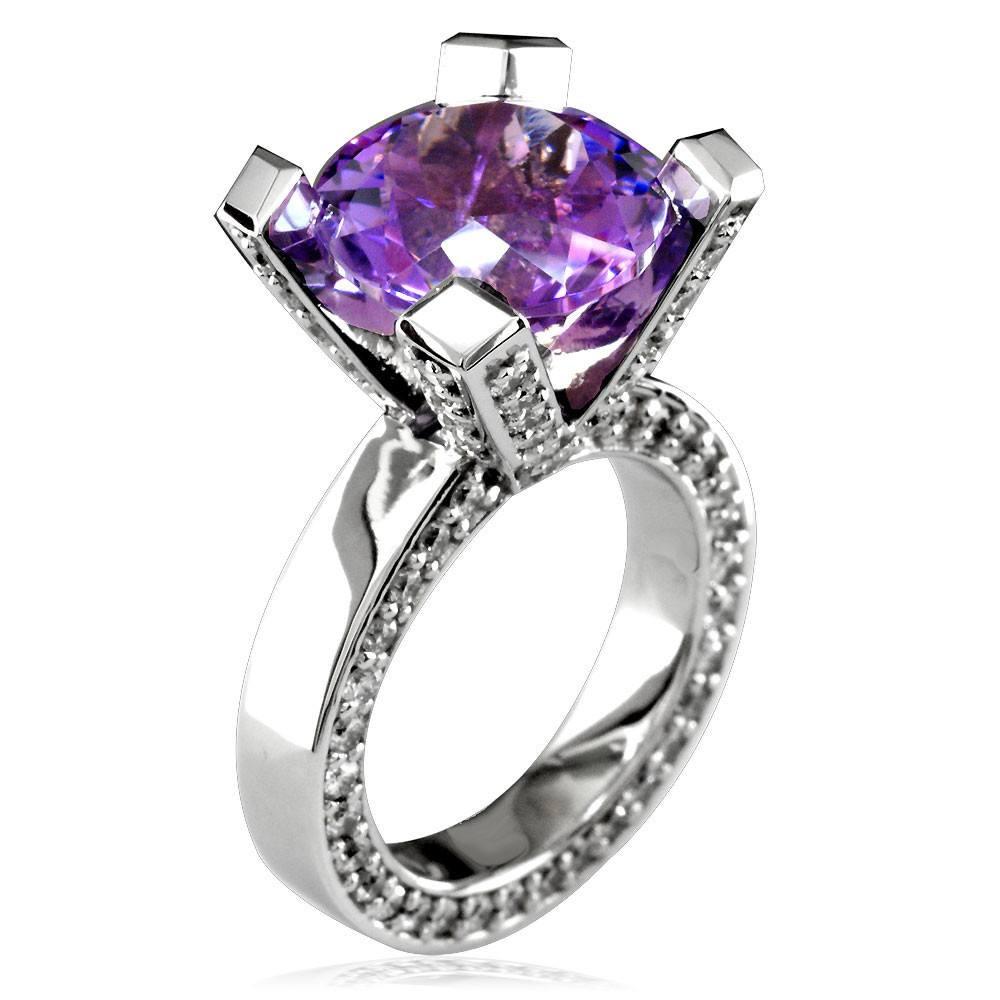 Large Round Amethyst and Diamond Right Hand Ring, 1.75CT Diamonds in 18k White Gold