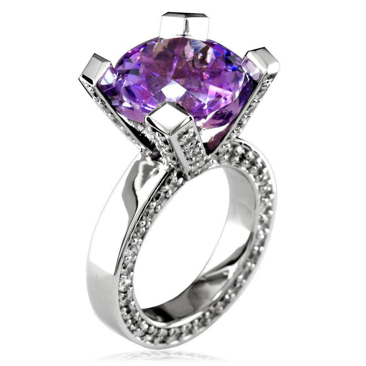 Large Round Amethyst and Diamond Right Hand Ring, 1.75CT Diamonds in 18k White Gold