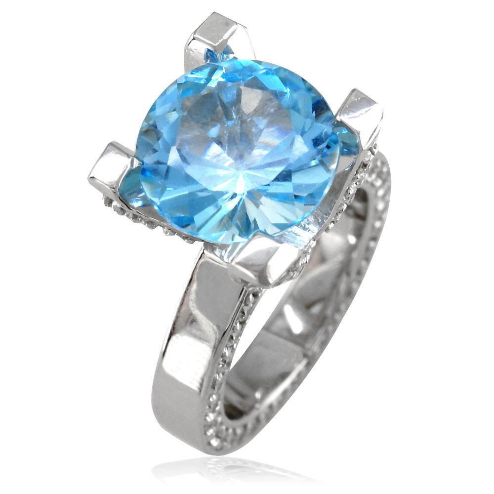 Large Round Blue Topaz and Diamond Right Hand Ring, 1.75CT Diamonds in 18k White Gold