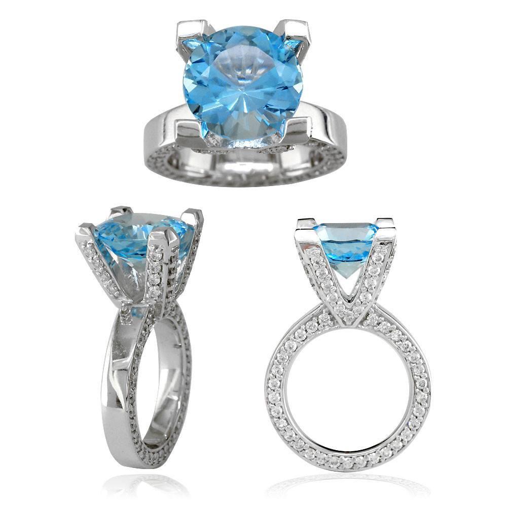 Large Round Blue Topaz and Diamond Right Hand Ring, 1.75CT Diamonds in 18k White Gold