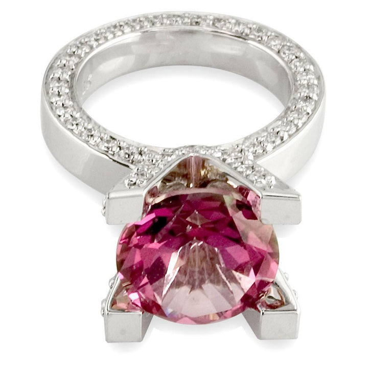 Large Round Blush Pink Topaz and Diamond Right Hand Ring, 1.75CT Diamonds in 18k White Gold