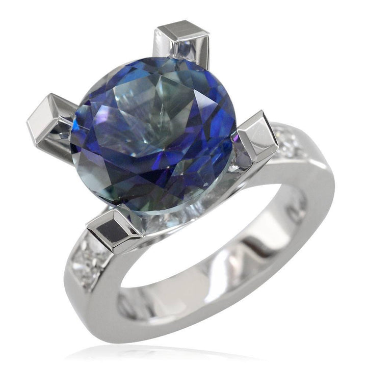 Large Round Peacock Topaz and Diamond Right Hand Ring, 0.60CT Diamonds in 14k White Gold