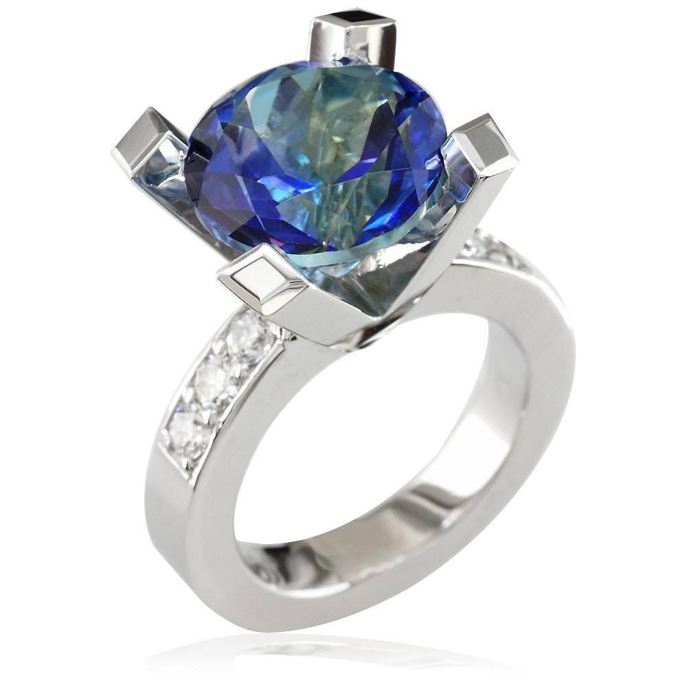 Large Round Peacock Topaz and Diamond Right Hand Ring, 0.60CT Diamonds in 14k White Gold