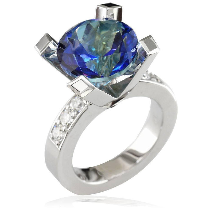 Large Round Peacock Topaz and Diamond Right Hand Ring, 0.60CT Diamonds in 14k White Gold