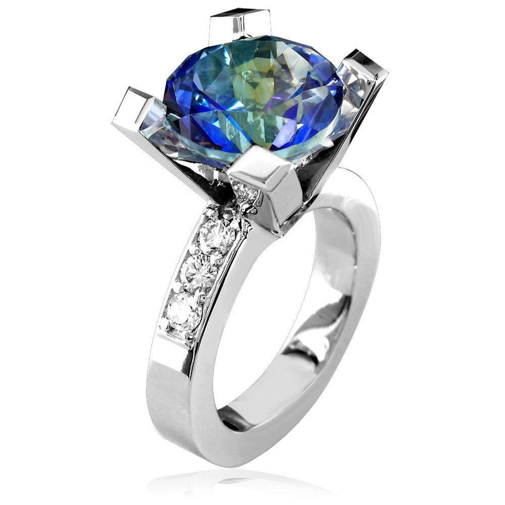 Large Round Peacock Topaz and Diamond Right Hand Ring, 0.60CT Diamonds in 14k White Gold