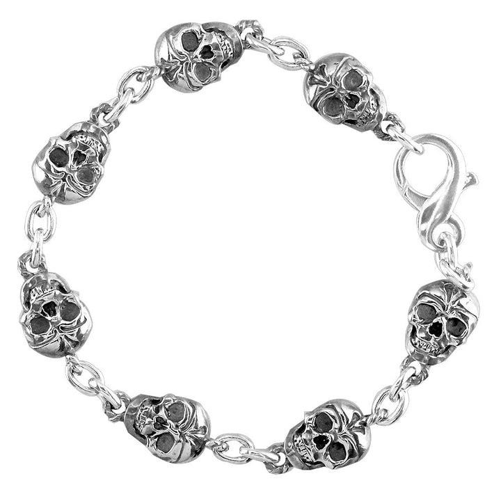 Mens Solid Skull Link Bracelet with Black in 14K White Gold