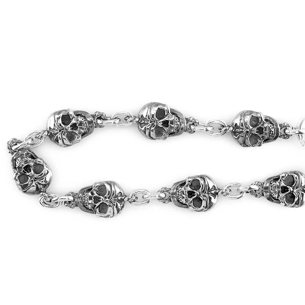 Mens Solid Skull Link Bracelet with Black in 14K White Gold