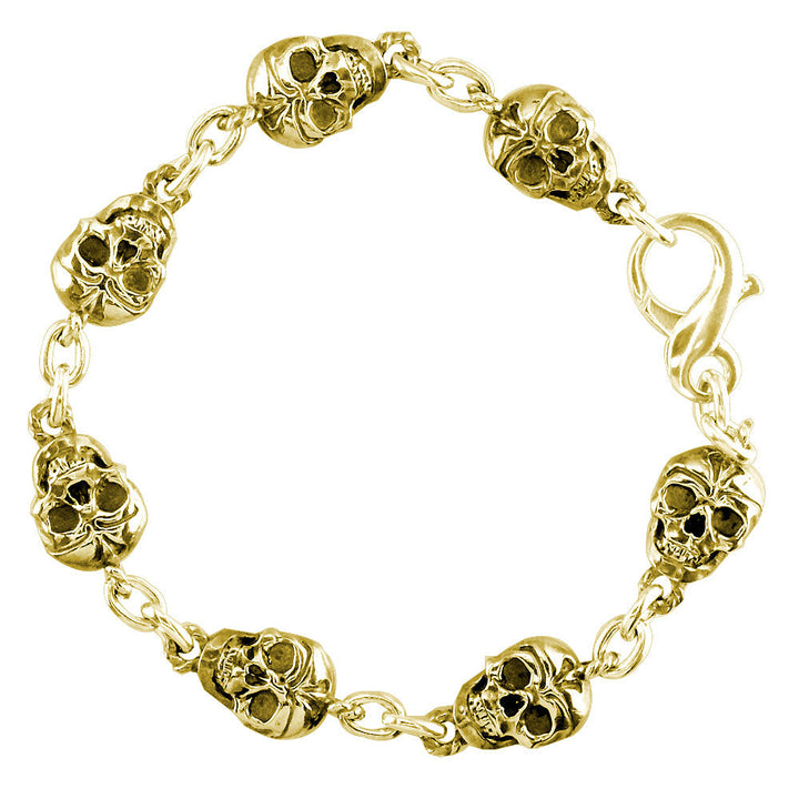 Mens Solid Skull Link Bracelet with Black in 14K Yellow Gold