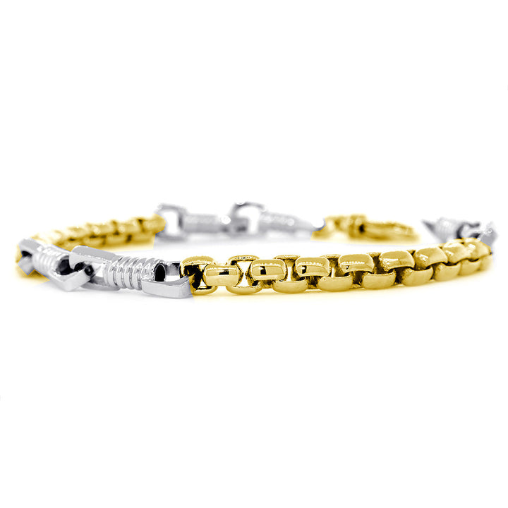 Mens Fancy and 5mm Box Links Bracelet, 8.5 Inches in 14k Two Tone Gold