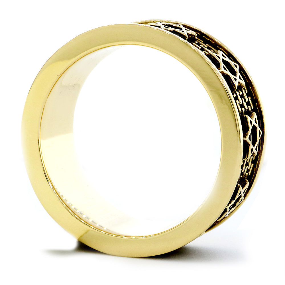Jewish Star Of David and Brick Wall Ring with Black in 14K Yellow Gold