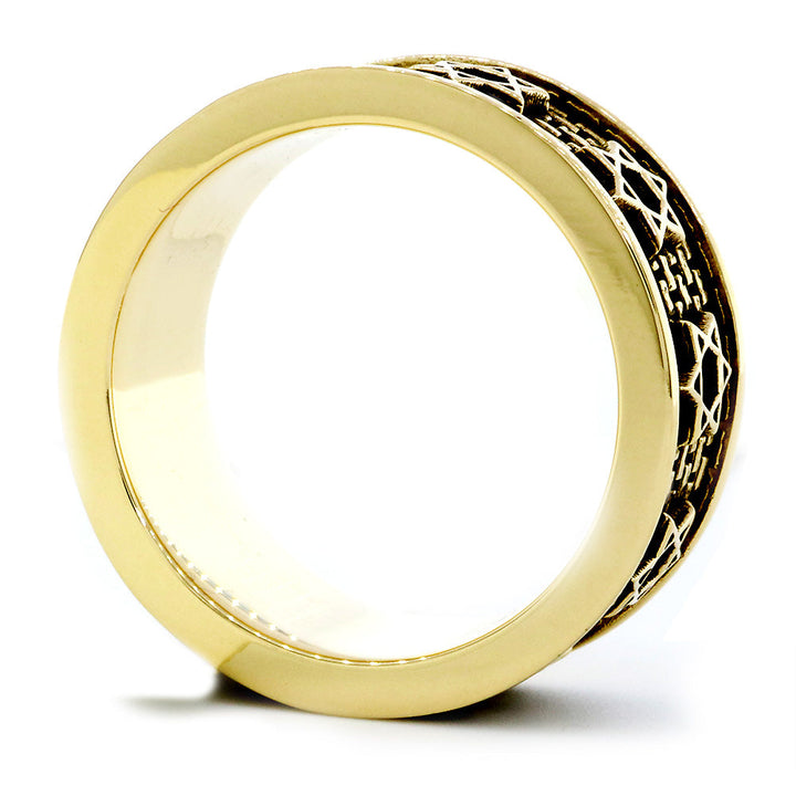 Jewish Star Of David and Brick Wall Ring with Black in 14K Yellow Gold