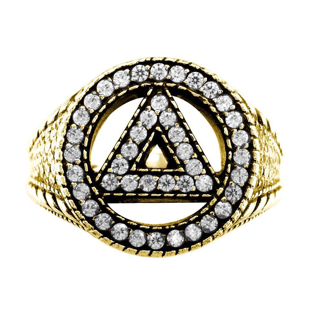 Alcoholics Anonymous AA Sobriety Ring with Cubic Zirconias, Reptile Texture, and Black in 14k Yellow Gold