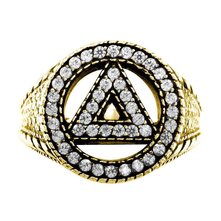 Alcoholics Anonymous AA Sobriety Ring with Cubic Zirconias, Reptile Texture, and Black in 14k Yellow Gold