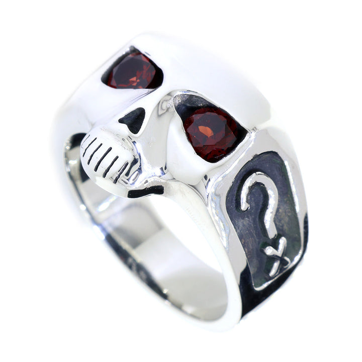 Sterling Silver Mens Skull Ring with Garnet Eyes, Question Mark X and 3 in Sterling Silver