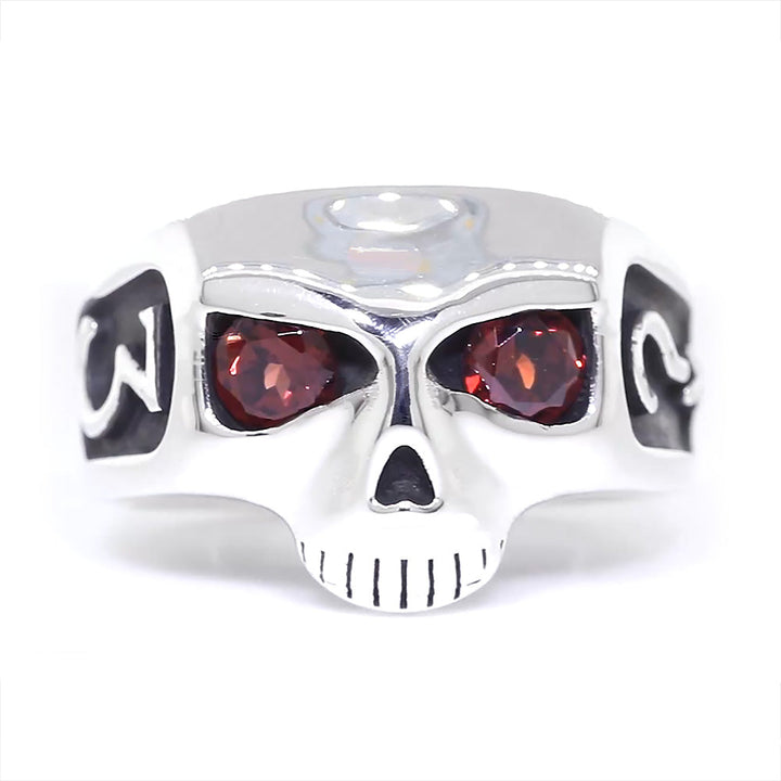 Sterling Silver Mens Skull Ring with Garnet Eyes, Question Mark X and 3 in Sterling Silver