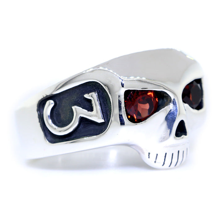 Sterling Silver Mens Skull Ring with Garnet Eyes, Question Mark X and 3 in Sterling Silver