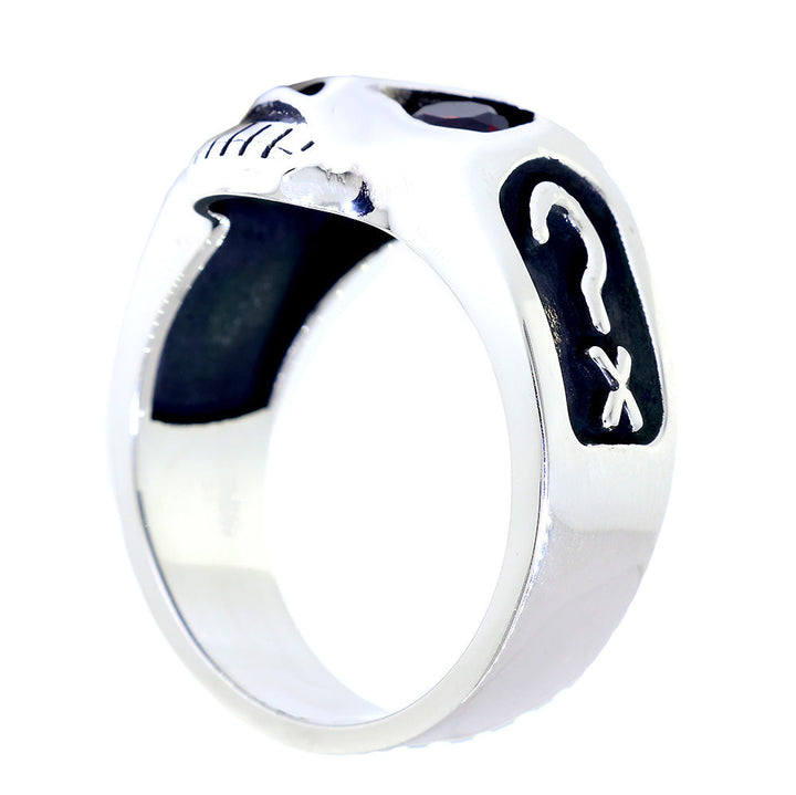 Sterling Silver Mens Skull Ring with Garnet Eyes, Question Mark X and 3 in Sterling Silver
