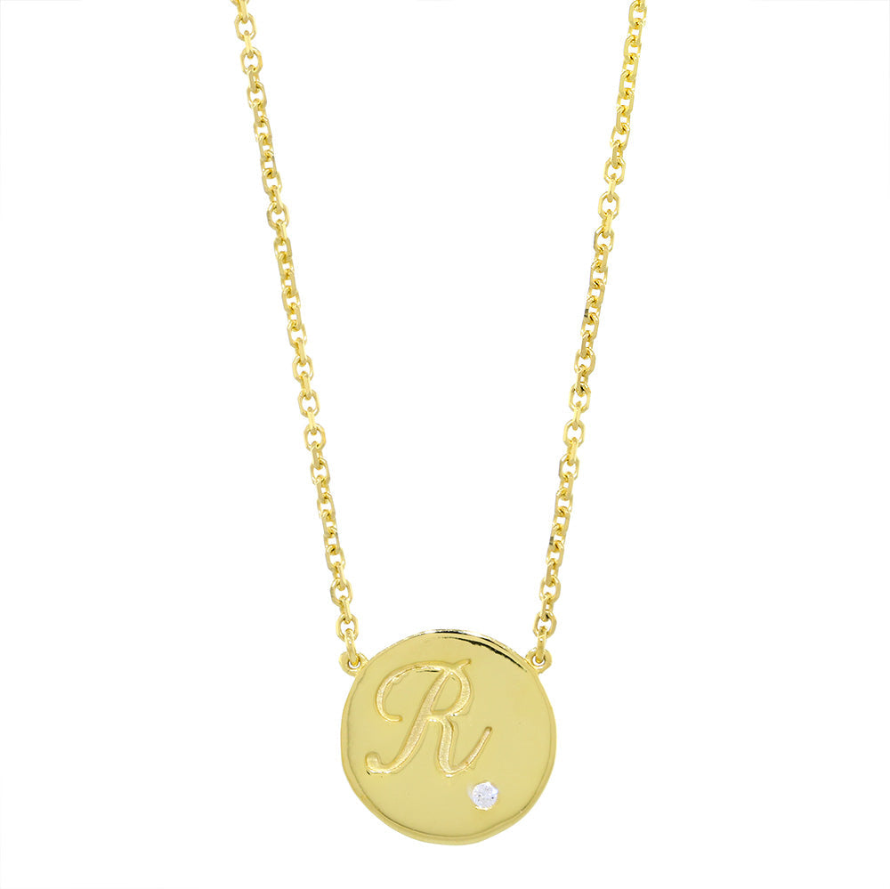 Personalized Initial Disc Necklace, 0.01CT Diamond, Bottom Right, 18 Inch in 14K Yellow Gold