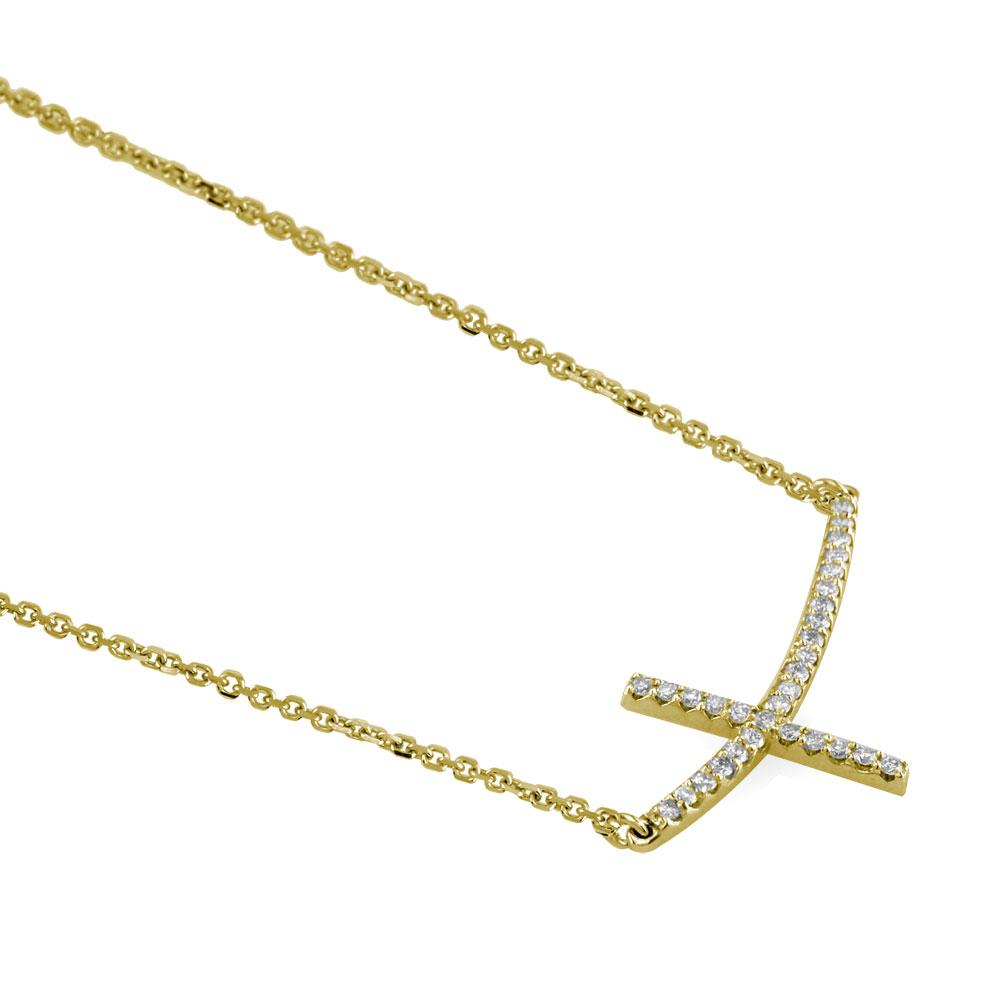 Diamond Curved Cross Necklace in 14K Yelloe Gold, 17"