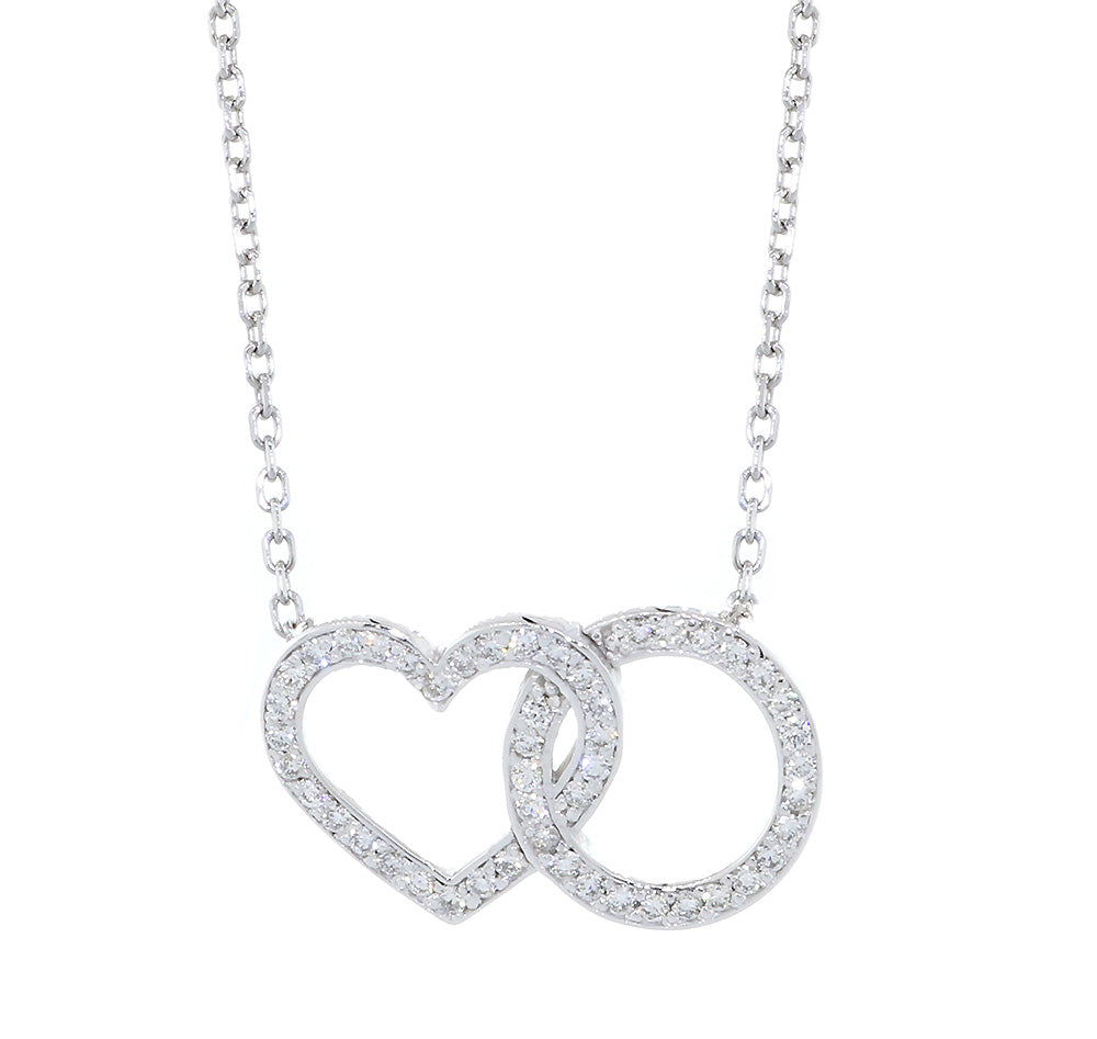 2 Levels Version 21 mm Wide Diamond Heart and Circle Pendant Necklace, 0.35 CT, 16 Inches in 14K White Gold