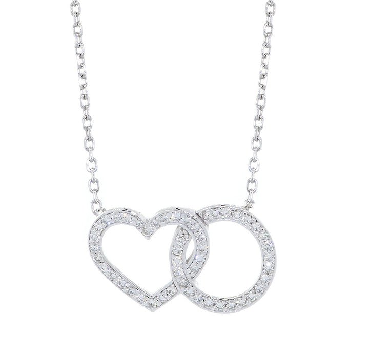 2 Levels Version 21 mm Wide Diamond Heart and Circle Pendant Necklace, 0.35 CT, 16 Inches in 14K White Gold