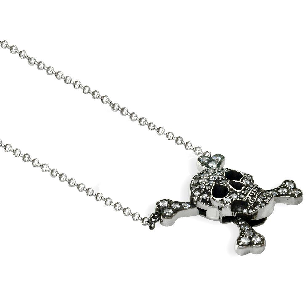 Medium Black Jolly Roger Skull and Crossbones Necklace With Cubic Zirconias in Sterling Silver