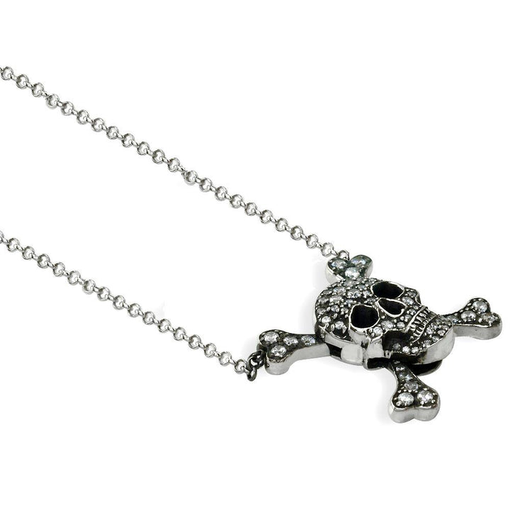 Medium Black Jolly Roger Skull and Crossbones Necklace With Cubic Zirconias in Sterling Silver