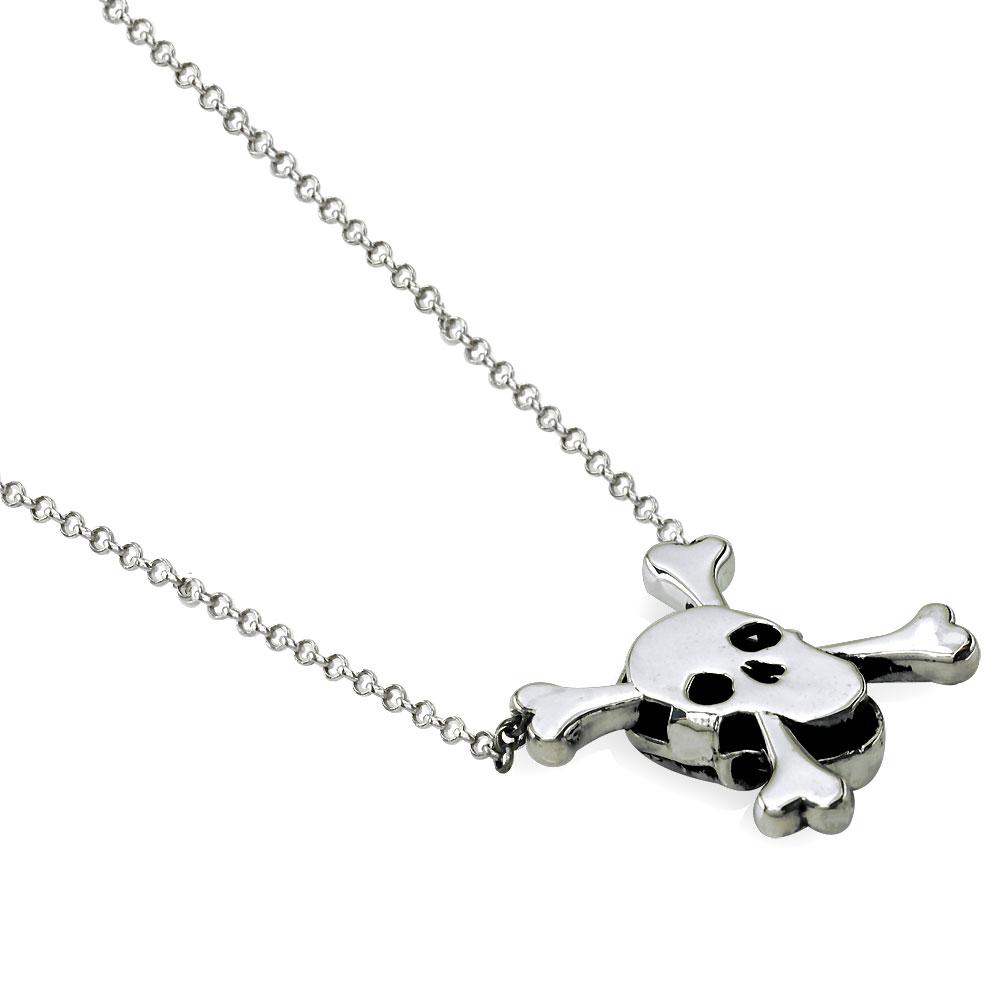 Medium Black Jolly Roger Skull and Crossbones Necklace With Cubic Zirconias in Sterling Silver