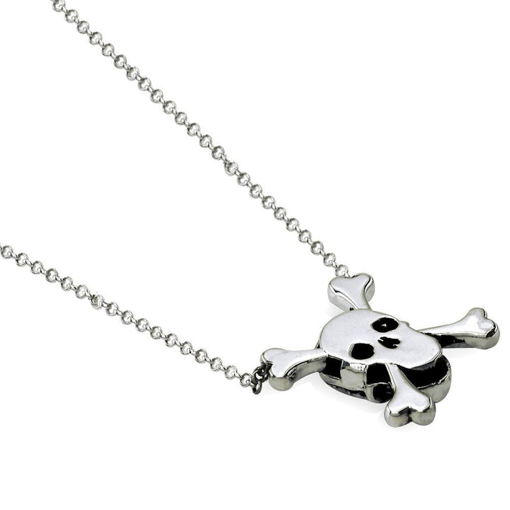 Medium Black Jolly Roger Skull and Crossbones Necklace With Cubic Zirconias in Sterling Silver