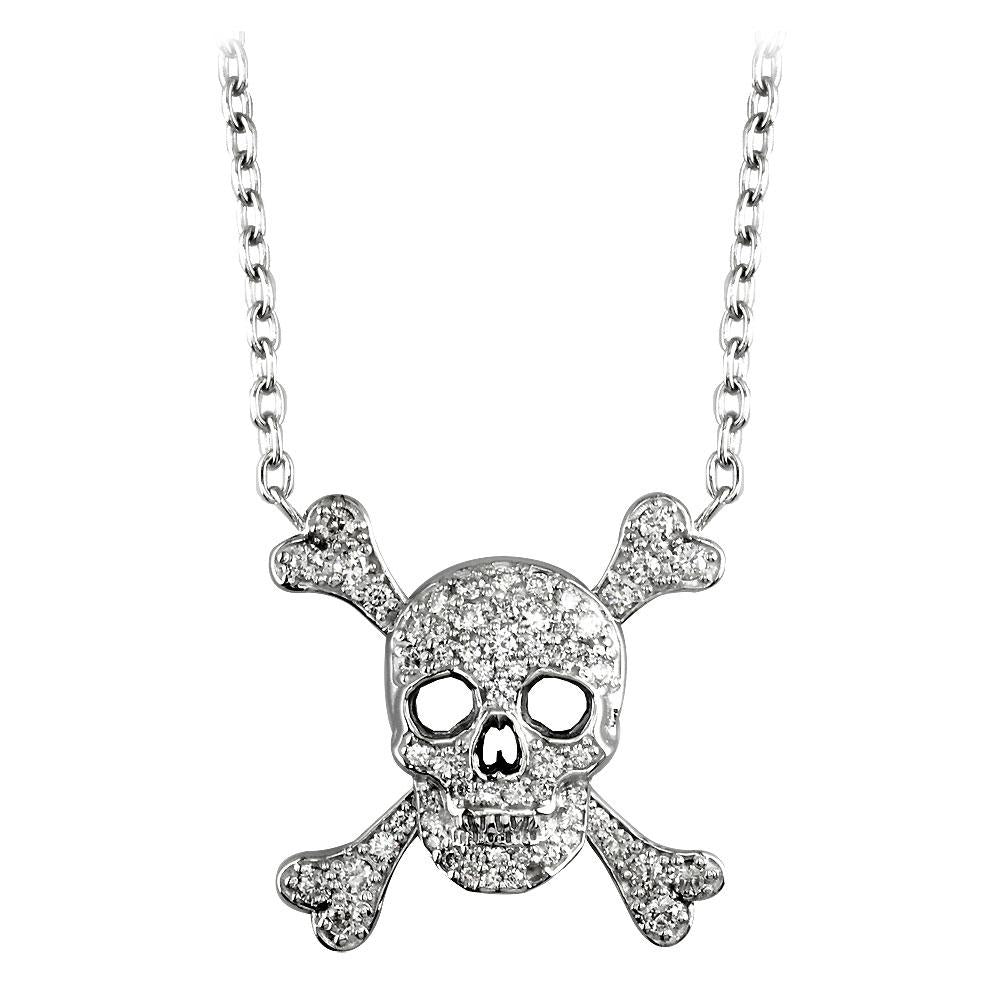 Medium Jolly Roger Skull and Crossbones Necklace With Cubic Zirconias in Sterling Silver