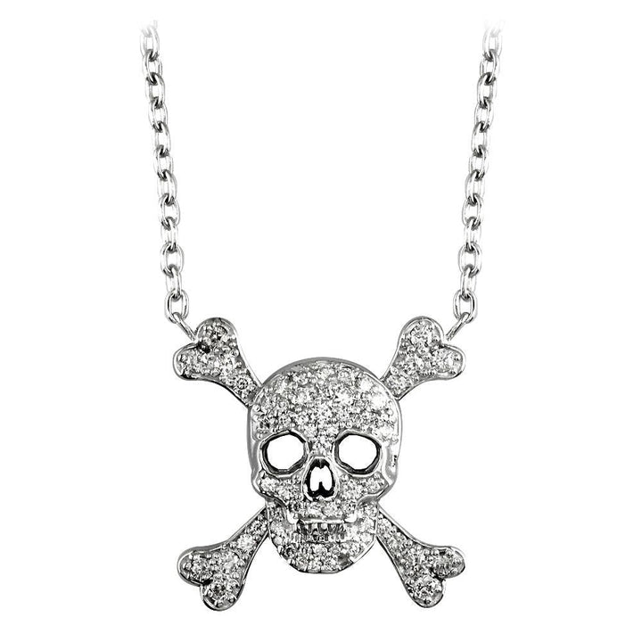 Medium Jolly Roger Skull and Crossbones Necklace With Cubic Zirconias in Sterling Silver