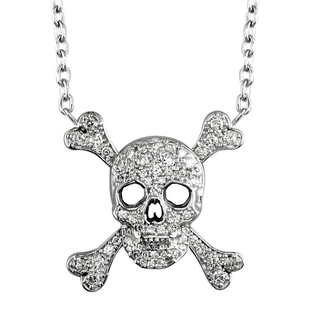 Large Jolly Roger Skull and Crossbones Necklace With Cubic Zirconias in Sterling Silver