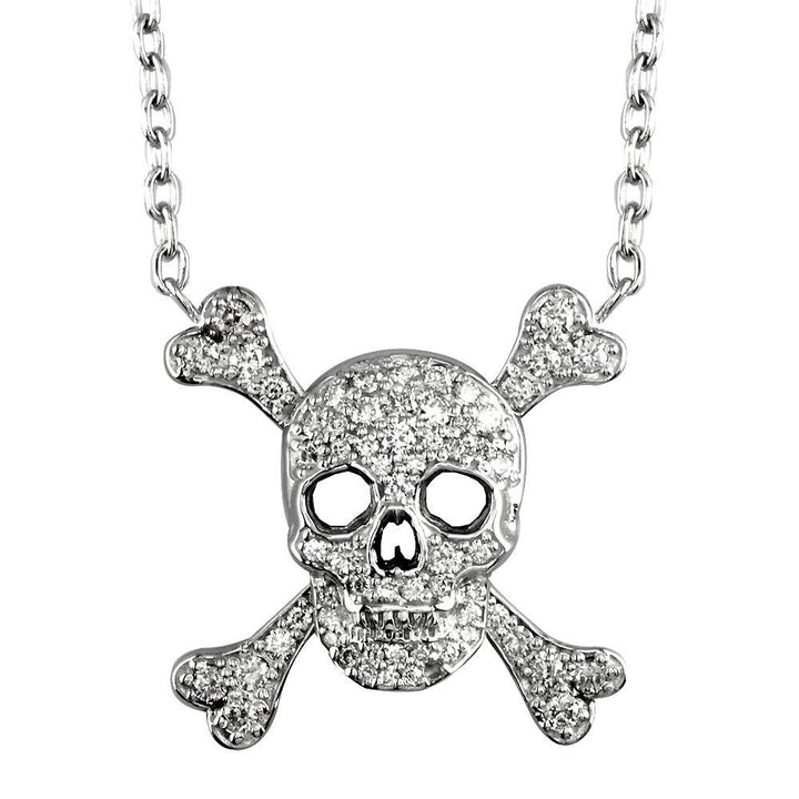 Large Diamond Jolly Roger Skull and Crossbones Necklace in 14K White Gold