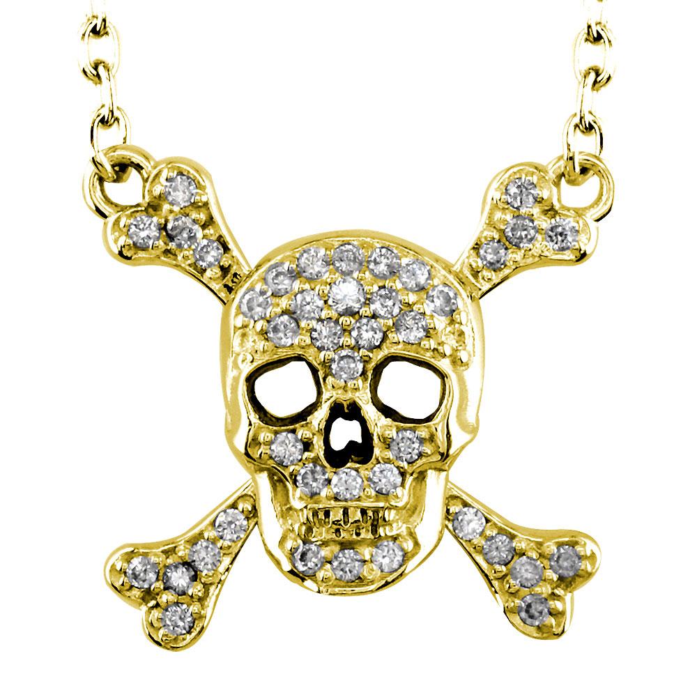 Large Diamond Jolly Roger Skull and Crossbones Necklace in 14K Yellow Gold
