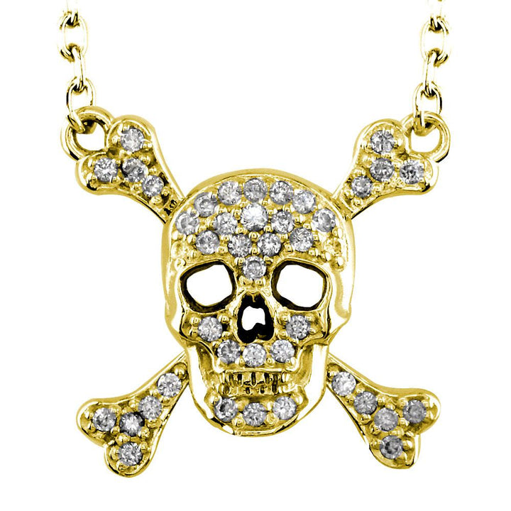 Large Diamond Jolly Roger Skull and Crossbones Necklace in 14K Yellow Gold