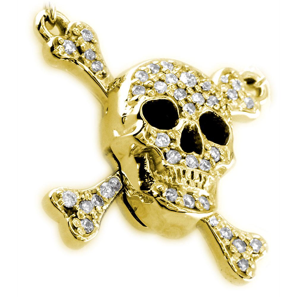 Large Diamond Jolly Roger Skull and Crossbones Necklace in 14K Yellow Gold